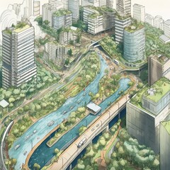 Sustainable City with Green Roofs, Vertical Gardens, and River Flowing Through