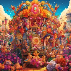 Carnival: A Parade Float Covered in Vibrant Flowers and Decorations, Surrounded by People in Elaborate Costumes