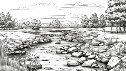 Country scene with a creek, clear vector lines, coloring page style Generative AI