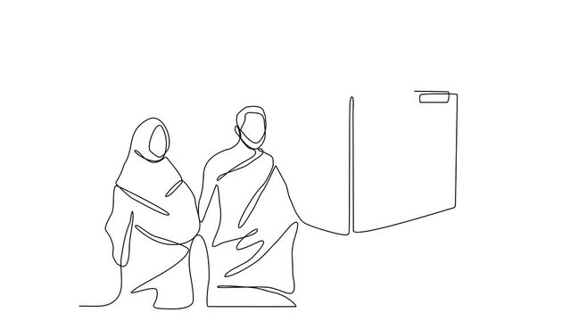 Animated self drawing of single continuous line draw for ceremony of Hajj Day. Islamic holiday that falls on the 10th day of Dhu al-Hijjah of the lunar Islamic Calendar design concept design concept. 