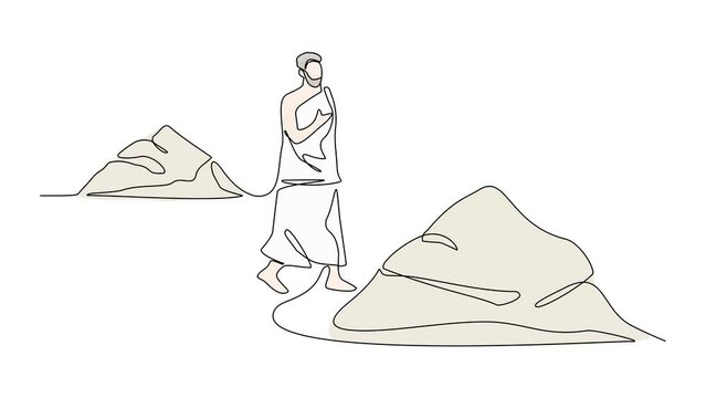 Animated self drawing of single continuous line draw for ceremony of Hajj Day. Islamic holiday that falls on the 10th day of Dhu al-Hijjah of the lunar Islamic Calendar design concept design concept. 