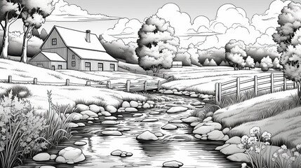 Country scene with a creek, clear vector lines, coloring page style Generative AI