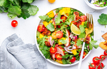 Gourmet salad with grilled chicken and mango salsa, tomato, cilantro, onion and lettuce in mexican style, white kitchen table background, top view
