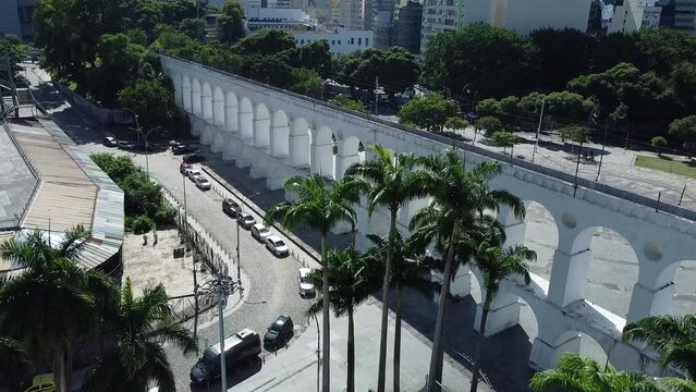 Rio de Janeiro touristic attraction Arcos da Lapa, beautiful architecture by drone, daylight moving forward