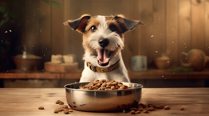 Domestic life with pet. Feeding hungry dog. The owner gives his dog a bowl of granules. Generative AI