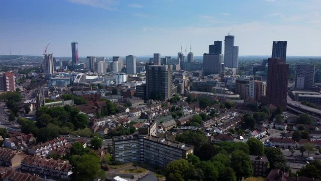 Wide angle establishing drone shot Croydon city skyline in South London
