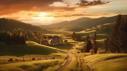 Fototapeta premium Generative AI, Golden Hour Tranquility