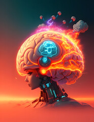 AI brain inside the humain brain with fire generated with AI