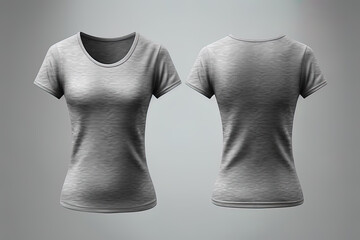 Grey female t-shirt realistic mockup set from front and back view, blank textile print design template for fashion apparel. Created with Generative AI Technology