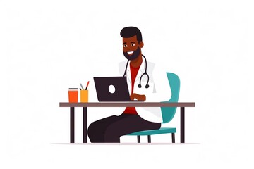 Generative AI.Smiling doctor in office with laptop on table consults and makes notes in patient's personal file. Consultation and diagnostics.Modern health care services concept. 