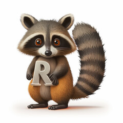 Kids alphabet. Cute cartoon raccoon holding letter R on white background. Children abc letters. AI generative