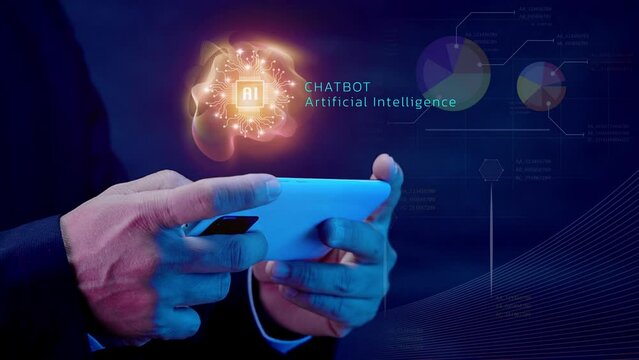 Businessman shows AI icon provide access information, digital chatbot concept. Artificial intelligence, machine learning concept, big data, cloud computing, computer network and innovation technology
