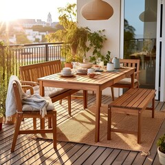 Breakfast on the table on the balcony. morning sun, ai