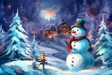 Obraz premium Merry christmas and happy new year greeting card. Happy snowman standing in christmas landscape. Winter fairytale. Post processed ai