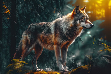 Obraz premium A magical fairy tale forest with a wolf. A mythical realm is like something out of a storybook