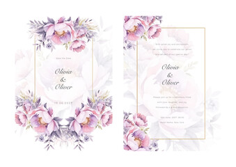 Wedding invitation with watercolor pink roses and purple ornament