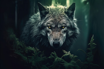 A magical fairy tale forest with a wolf. A mythical realm is like something out of a storybook