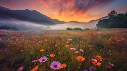 Fototapeta na wymiar Generative AI, Enchanted Blooms: A Vibrant Tapestry of Wildflower Meadows