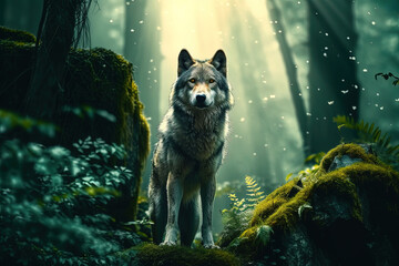 A magical fairy tale forest with a wolf. A mythical realm is like something out of a storybook