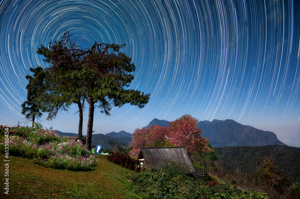 Wall mural beautiful doi luang chiang dao mountains at night and star trails, doi mae taman, san pa kia. chiang