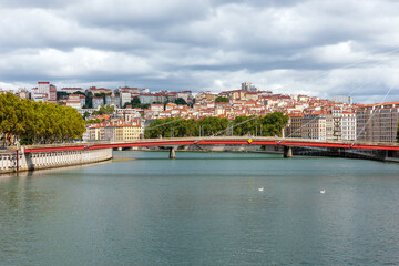 Fototapeta premium Pedestrian bridge on the Saone River, Lyon, Rhone department, France
