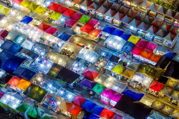 Night market with colorful tent, View from above of a night market in Bangkok. - 613380484