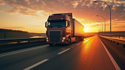 A large truck driving on a highway in sunset Generative AI