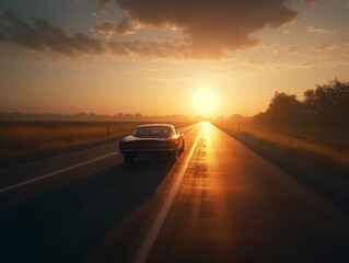 Fototapeta na wymiar american muscle car driving on an empty road in the middle of the countryside, with a cloudy sky and a sunset in the background, Generative AI