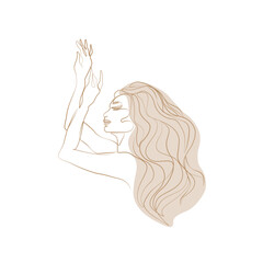 Beautiful girl with long hair one line art. Girl in beige color, woman fashion abstract female portrait, isolated vector illustration. Tattoo, print and logo design for spa or beauty salon.
