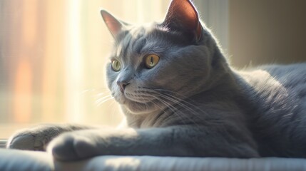 A short - haired gray cat, comfortably lying in a well - lit room. The cat is surrounded by soft pastel - colored Generative AI