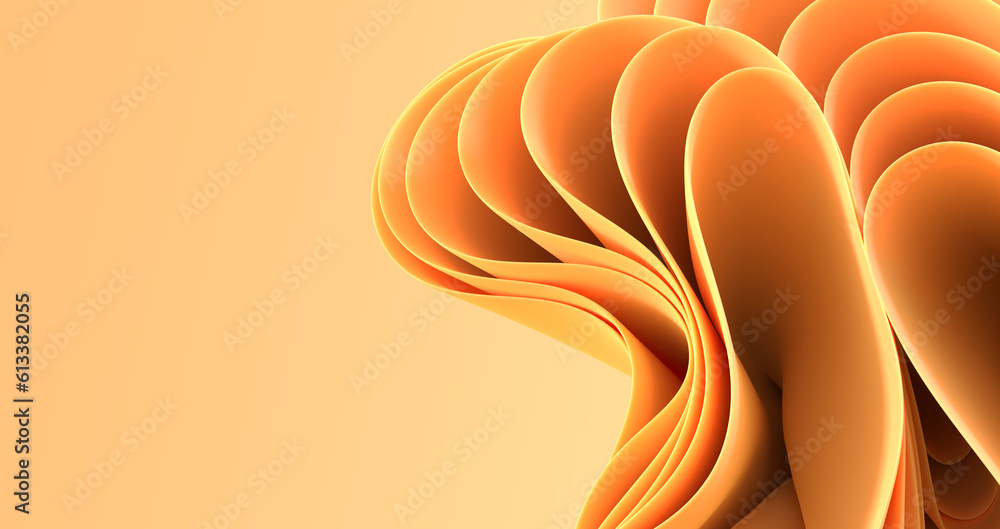 Poster 3d render abstract modern multi layer background with orange folded ribbons in shape flower. fashion