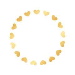 Golden round frame made with heart pattern. Gold Valentines Day Border Template, elegant wedding invitation card vector illustration