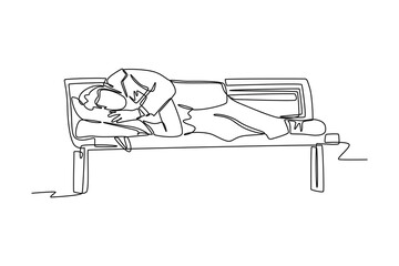 Continuous one line drawing Homeless People Concept. Single line draw design vector graphic illustration.