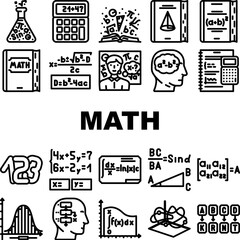 math science education school icons set vector. physics formula, equation mathematics, technology student algebra study geometry math science education school black contour illustrations