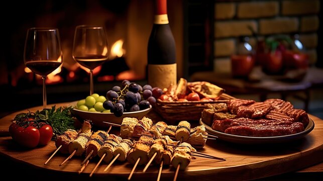 A wide angle food photography of babarbecue on skewers and a side of toast, a bottle of wine, ( outside table of Generative AI