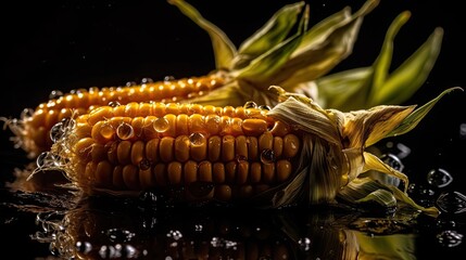 fresh corn hit by splashes of water with black background and blur