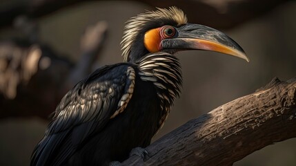 close up hornbill bird on a tree with blurred background