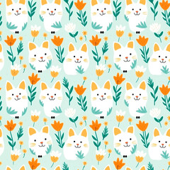 cute cat and flower seamless pattern