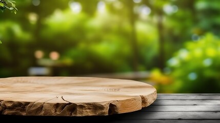 A wooden wooden table on the table garden background in spring, Mock up for display of product Generative AI