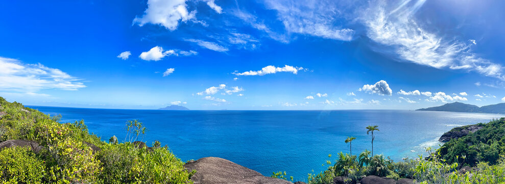 Panoramic view of Anse major nature trail, mountain view, lush national park with granite rocks, Mahe Seychelles - Powered by Adobe