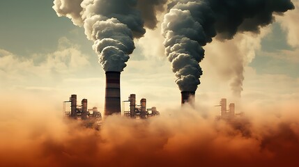 Concept of carbon emissions, represented by smoke billowing from factory chimneys and sinking into a thick smog. The environmental consequences of industrial pollution. Generative AI