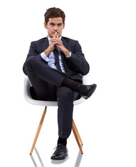 Business man, job thinking and sitting portrait isolated on a transparent, png background....