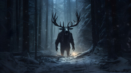 monster deer in the dense forest - obrazy, fototapety, plakaty