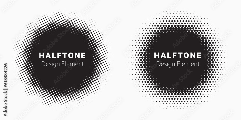 Poster Halftone circle frame background set. Round border Icon using halftone random circle. Grunge circular stain. Vector illustration.