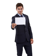 Business man, blank poster and portrait with mockup space for deal, sale and announcement. Happy, advertising placard and isolated on a transparent, png background with a corporate male professional