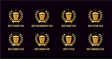 Best feature film motion picture nomination winner gold and black vector emblem. Movie genre award icon set with popcorn and laurel wreath