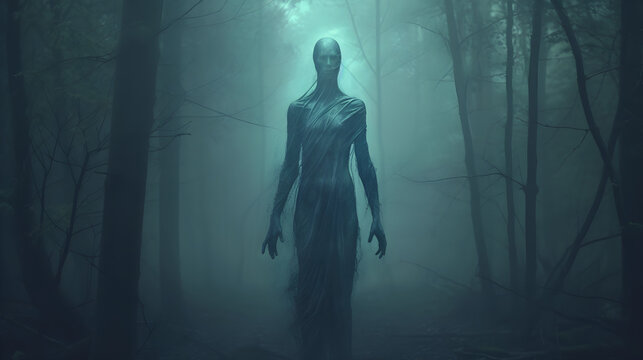 silhouette of an entity in the dark forest background