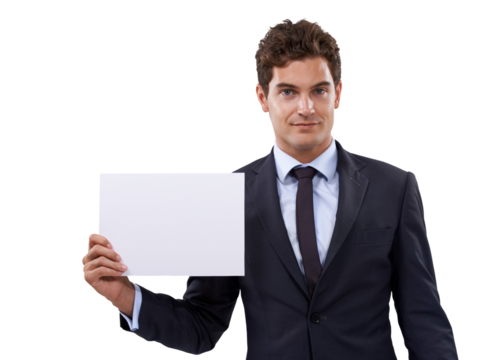 Business man, blank sign and portrait with mockup space for deal, sale and announcement. Job, advertising placard and isolated on a transparent, png background with a corporate male professional