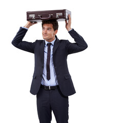 Briefcase, head and business man thinking and checking weather for rain. Male professional, suit and isolated on a transparent, png background with suitcase and bag for work above to stay dry