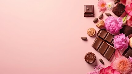 a collection of chocolate and pink flower sprinkles with pink pastel background